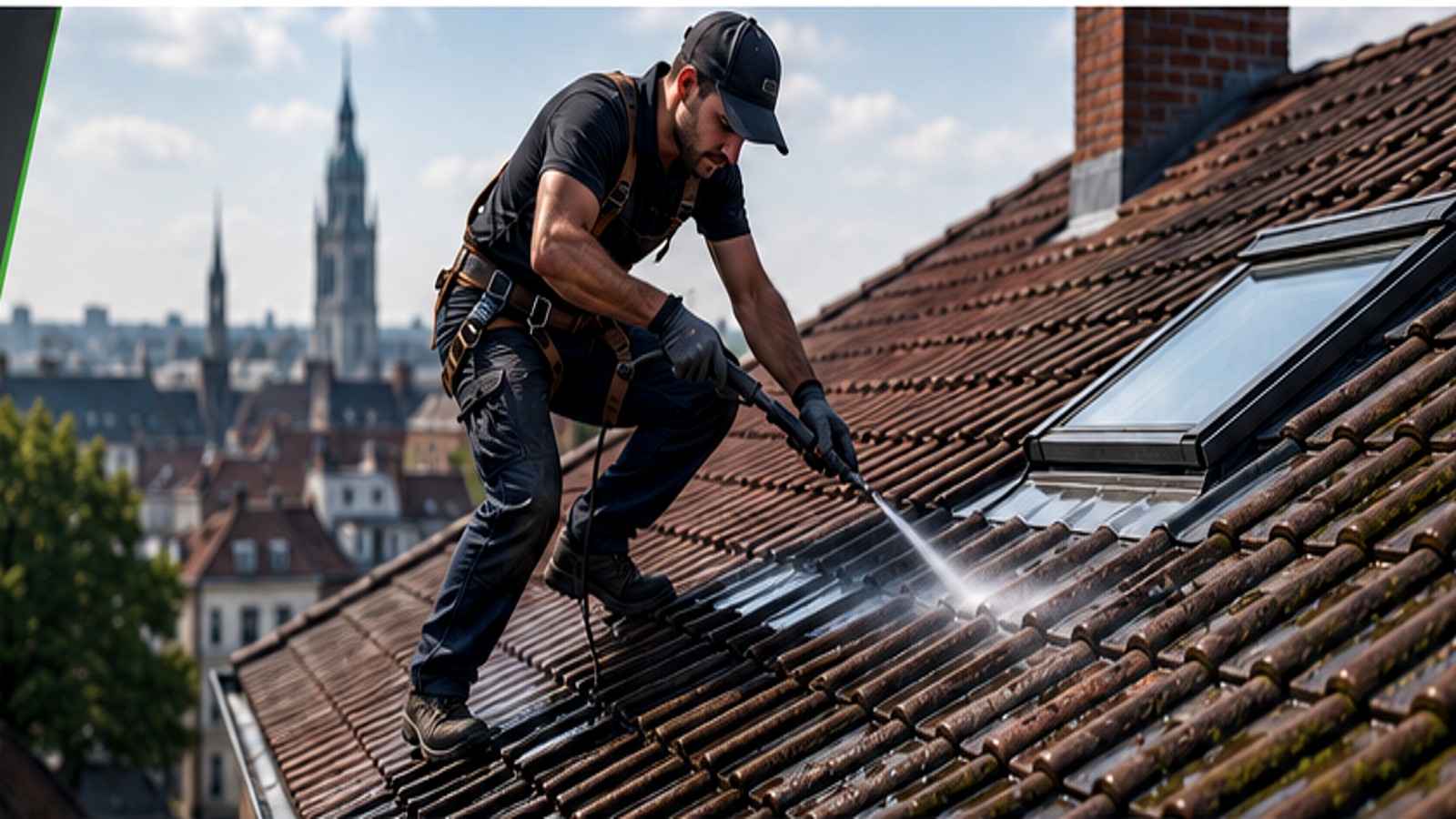 Professionnel nettoyant une toiture à Uccle